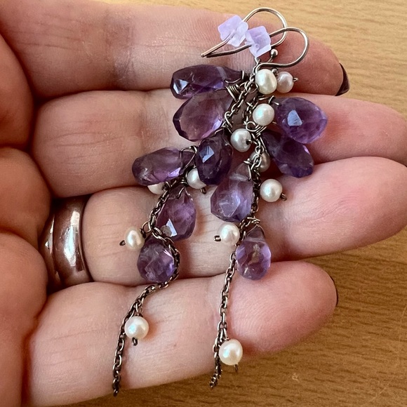 VINTAGE 925 SS FACETED MULTI AMETHYST PEARL CLUSTER BUNCH DANGLE DROP EARRINGS - Picture 13 of 16